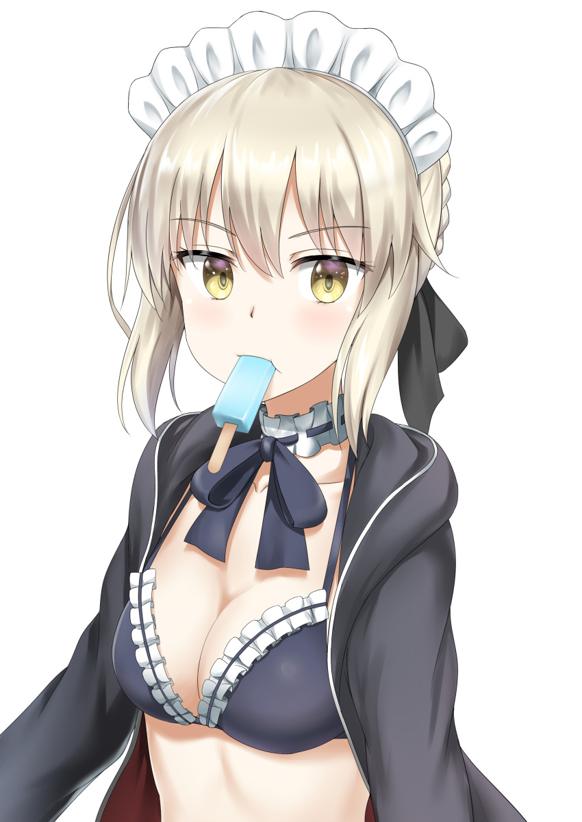 1girl absurdres artoria_pendragon_(all) artoria_pendragon_(swimsuit_rider_alter)_(fate) bangs bikini_top black_bikini_top black_ribbon blonde_hair blush breasts choker cleavage collarbone eyebrows_visible_through_hair fate/grand_order fate_(series) food food_in_mouth frilled_bikini_top frilled_choker frills hair_ribbon highres hood hood_down hooded_jacket jacket looking_at_viewer maid_headdress medium_breasts mouth_hold nedia_(nedia_region) open_clothes open_jacket popsicle ribbon saber_alter short_hair sidelocks solo upper_body yellow_eyes