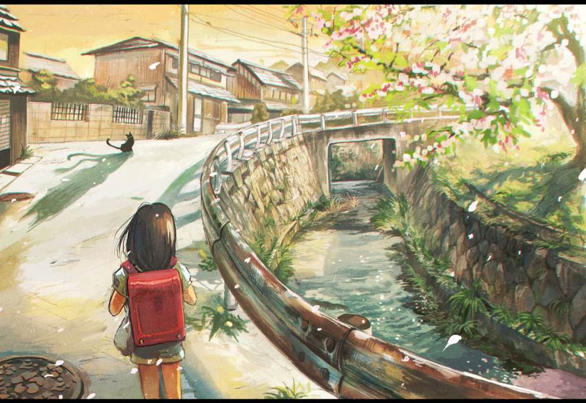 1girl backpack bag bayashiko black_cat blue_shirt blue_shorts bridge brown_hair cat cherry_blossoms child city different_shadow from_behind grass house letterboxed medium_hair original plant power_lines railing randoseru river road scenery sewer_grate shadow shirt shorts solo standing sunset telephone_pole tree wall