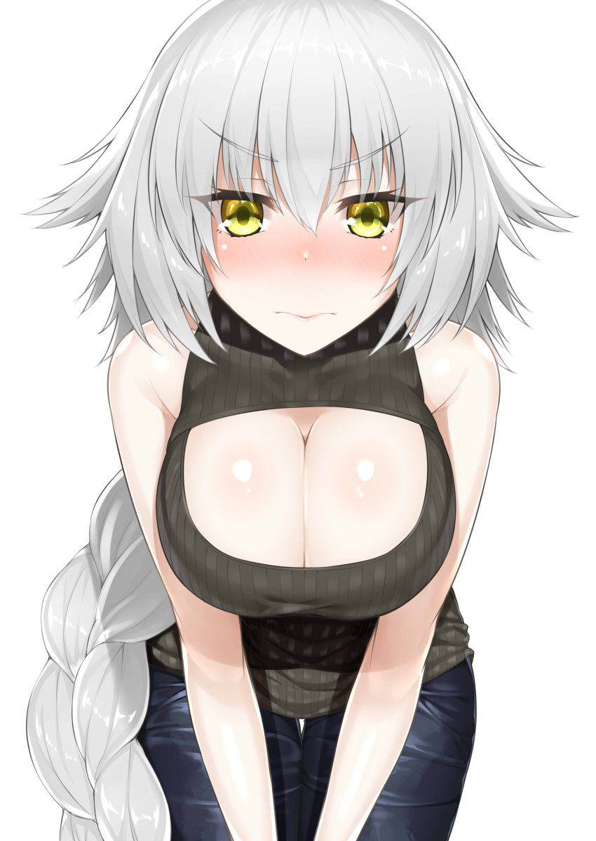 &gt;:( 1girl absurdres blush braid breasts cleavage fate/apocrypha fate/grand_order fate_(series) highres jeanne_alter large_breasts long_hair looking_at_viewer ruler_(fate/apocrypha) silver_hair simple_background single_braid solo very_long_hair wa_to_su white_background yellow_eyes