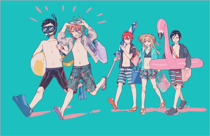 5boys atsushi_toushirou bag beach_umbrella bikini_skirt bikini_top black_hair blonde_hair brown_hair crocs flippers glasses goggles gotou_toushirou hat hat_ribbon highres hood hoodie innertube male_focus male_swimwear midare_toushirou multiple_boys open_clothes open_hoodie open_mouth redhead ribbon running sandals shinano_toushirou shirtless smile snorkel straw_hat swim_trunks swimwear touken_ranbu trap umbrella walking yagen_toushirou yamada_chickenko