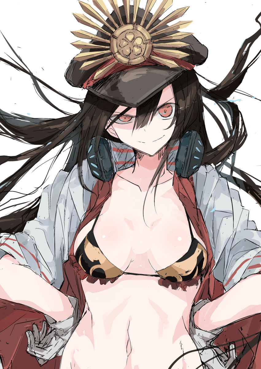 1girl absurdres bikini breasts demon_archer edogawa_nao fate/grand_order fate_(series) hands_on_hips hat highres long_hair navel oda_nobunaga_(swimsuit_berserker)_(fate) open_clothes open_shirt portrait red_eyes shirt smile solo swimsuit