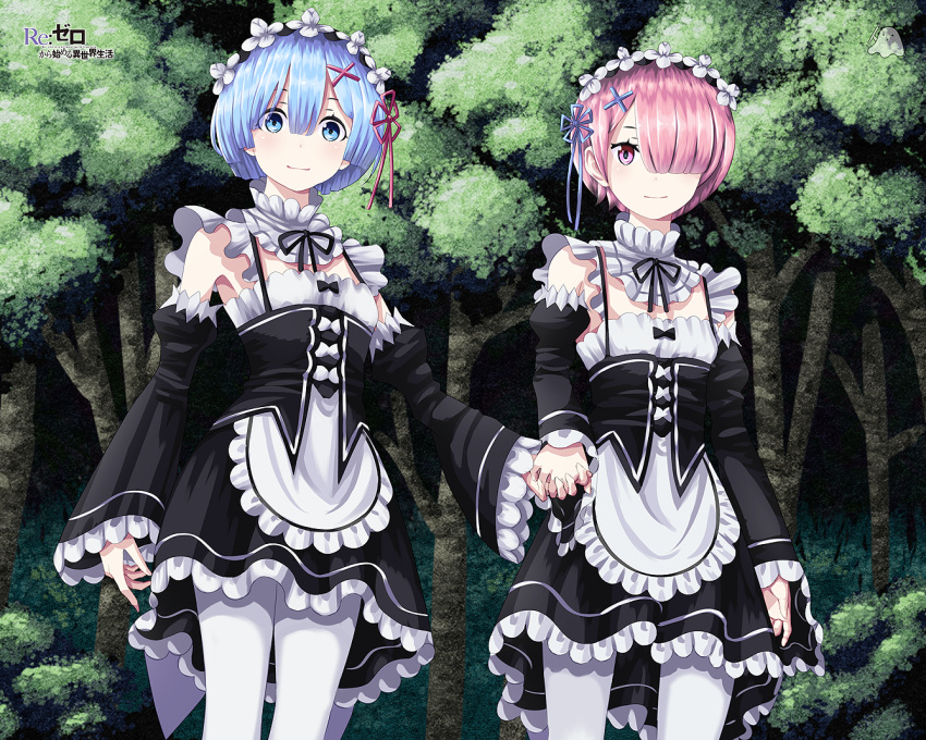 2girls blue_eyes blue_hair blush closed_mouth copyright_name critter100 detached_sleeves hair_ornament hair_over_one_eye holding_hand looking_at_viewer maid_headdress multiple_girls pantyhose pink_eyes pink_hair ram_(re:zero) re:zero_kara_hajimeru_isekai_seikatsu rem_(re:zero) short_hair smile white_legwear x_hair_ornament