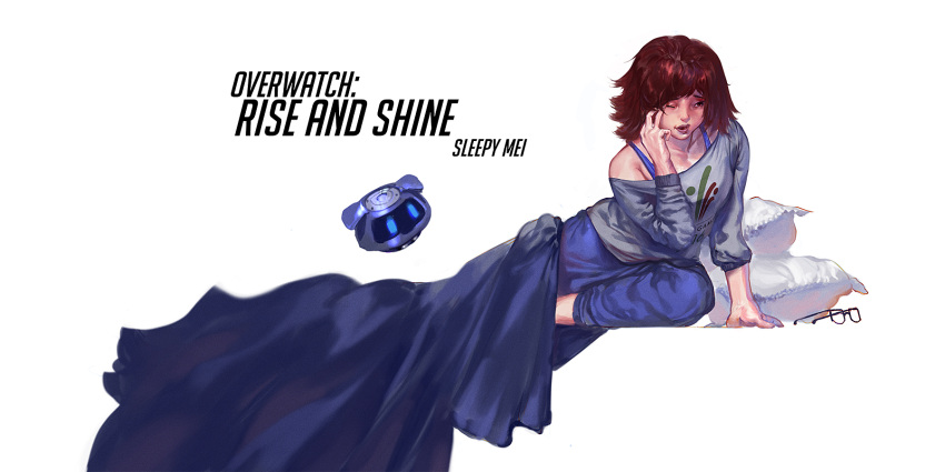 1girl anton_oxenuk arm_support blanket brown_hair glasses glasses_removed hair_down highres mei_(overwatch) messy_hair one_eye_closed open_mouth overwatch pillow robot simple_background snowball_(overwatch) sweater undershirt waking_up white_background