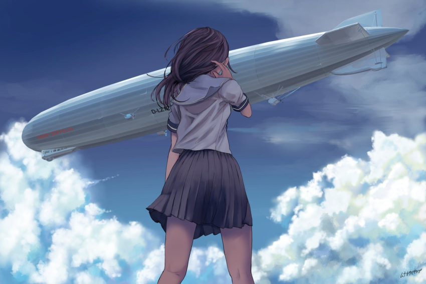 1girl aircraft black_hair black_skirt blimp blouse blue_sky clouds commentary_request dirigible from_behind from_below munakata_(hisahige) original outdoors pleated_skirt sailor_collar short_sleeves skirt sky solo standing white_blouse