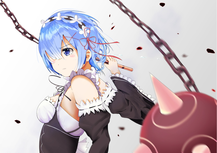 1girl blue_eyes blue_hair breasts chains detached_sleeves grey_background hair_over_one_eye hair_ribbon holding holding_weapon medium_breasts re:zero_kara_hajimeru_isekai_seikatsu red_ribbon rem_(re:zero) ribbon ribbon-trimmed_sleeves ribbon_trim sakurashibataro short_hair sideboob solo standing upper_body weapon