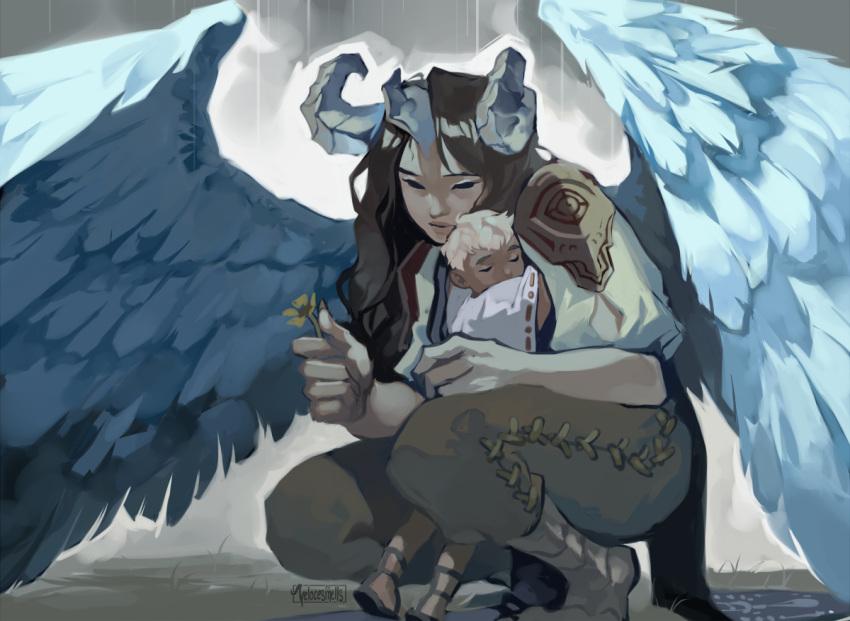 1boy 1girl brown_hair commentary feathered_wings flower harpy height_difference horns hug long_hair monster_girl no_pupils original rain squatting velocesmells wings