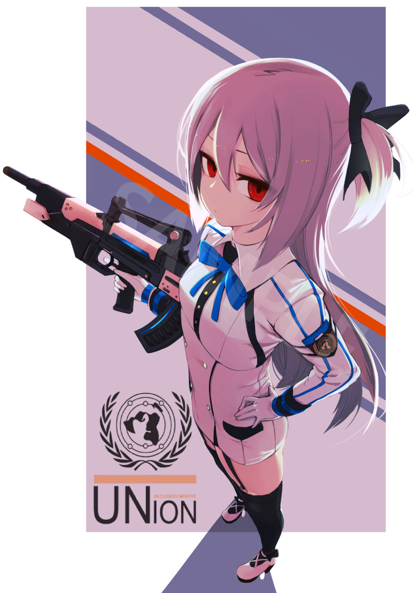 1girl absurdres assault_rifle bad_id bad_pixiv_id bangs black_bow black_legwear black_ribbon bow breasts bullpup closed_mouth closers expressionless from_above garter_straps gun hair_between_eyes hair_bow hair_ribbon hand_on_hip highres holding holding_gun holding_weapon j.k. long_hair long_sleeves looking_at_viewer one_side_up purple_hair red_eyes ribbon rifle sample shadow sidelocks small_breasts solo thigh-highs tina_(closers) trigger_discipline tsurime uniform weapon