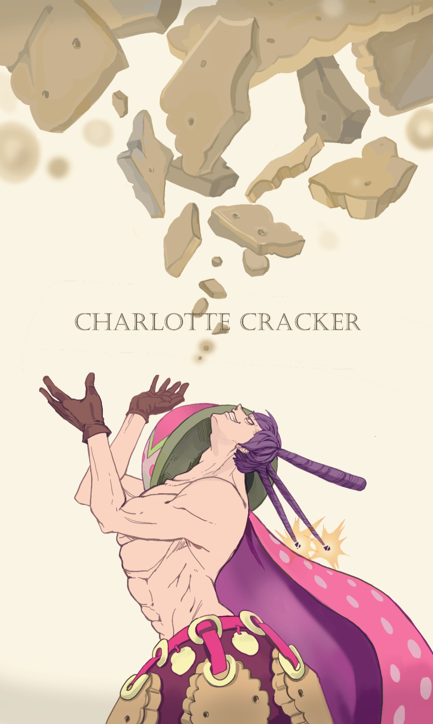 1boy abs cape character_name charlotte_cracker cracker food gloves hair_bun highres living_(pixiv5031111) male_focus one_piece pink_eyes purple_hair shirtless solo teeth