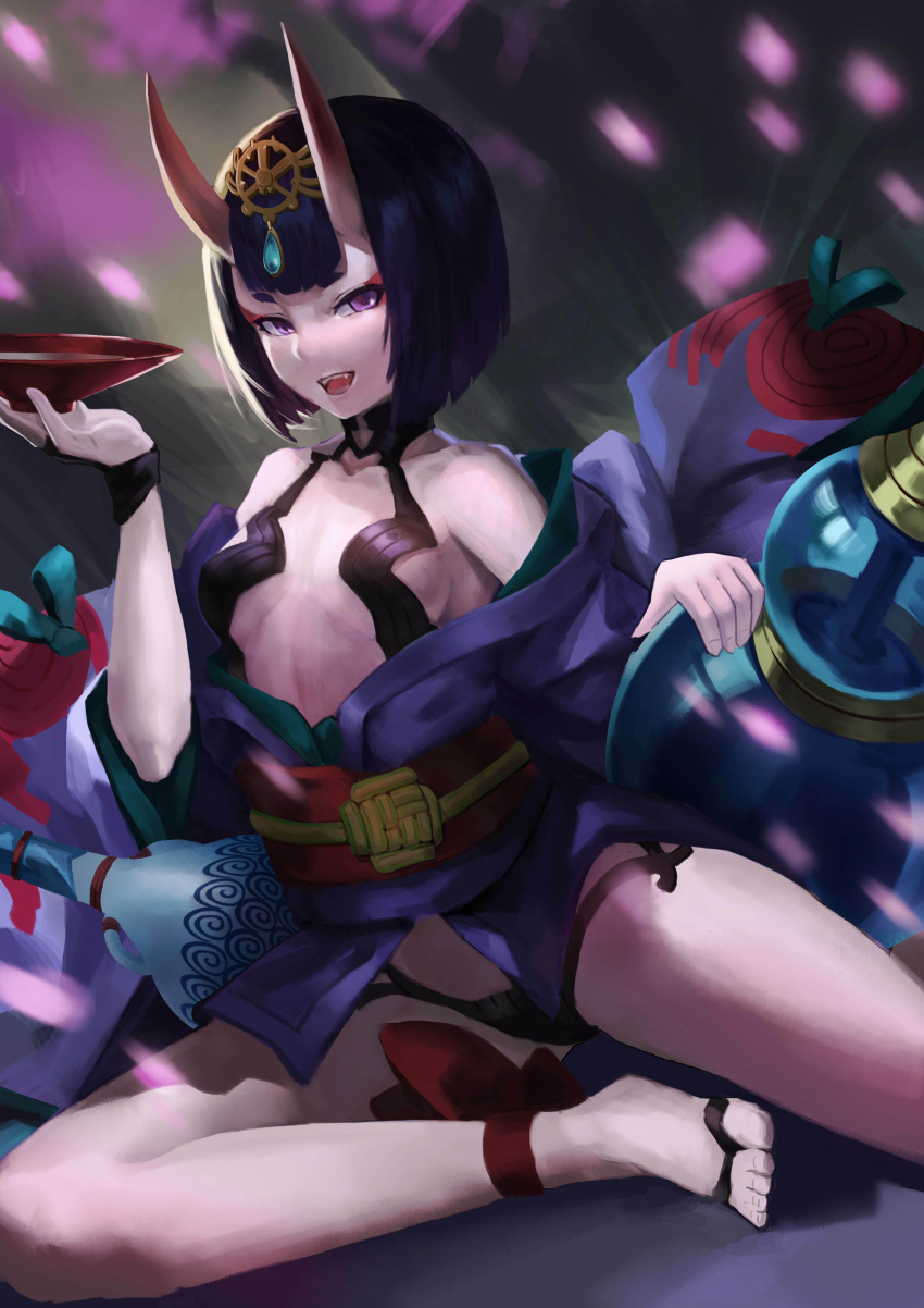 1girl :d absurdres alcohol ankle_ribbon bangs bare_shoulders black_hair bowl breasts cherry_blossoms collarbone cup fangs fate/grand_order fate_(series) gem gourd green_ribbon headpiece highres holding holding_bowl japanese_clothes kimono long_sleeves looking_at_viewer luobo_carrot motion_blur off_shoulder oni oni_horns open_mouth pale_skin petals pot print_kimono purple_kimono red_ribbon revealing_clothes ribbon sakazuki sake short_eyebrows short_hair short_kimono shuten_douji_(fate/grand_order) sitting small_breasts smile solo violet_eyes