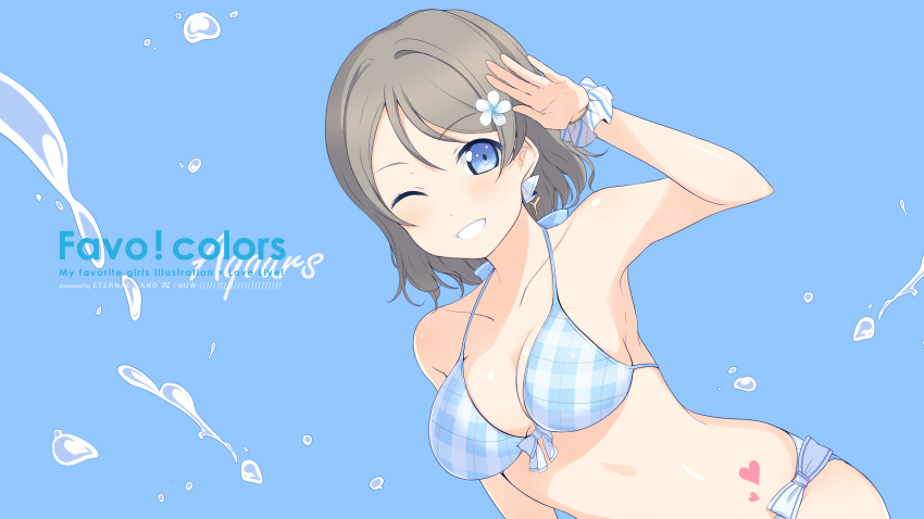 1girl 6u_(eternal_land) bikini blue_eyes blush breasts grey_hair grin halterneck heart highres large_breasts looking_at_viewer love_live! love_live!_sunshine!! one_eye_closed salute short_hair simple_background smile solo splashing swimsuit text wallpaper watanabe_you