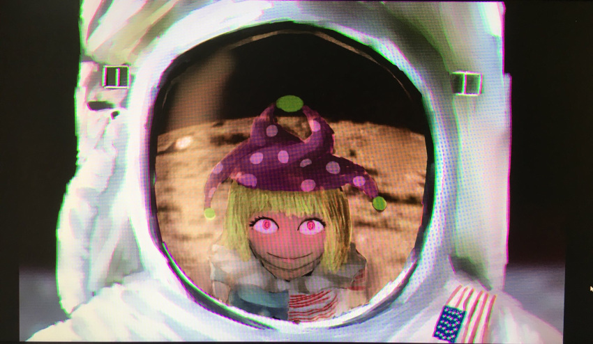 1girl american_flag american_flag_print astronaut blonde_hair chromatic_aberration clownpiece crazy_eyes e-an fairy_wings female_pov flag_print glowing glowing_eyes hat helmet highres jester_cap jewelry neck_ruff pink_eyes pov reflection ring smile spacesuit touhou wide-eyed wings