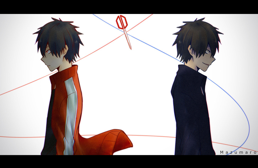 2boys artist_name commentary dual_persona highres jacket kagerou_project kisaragi_shintarou letterboxed loss_time_memory_(vocaloid) male_focus mazumaro multiple_boys profile red_eyes red_jacket scissors simple_background track_jacket