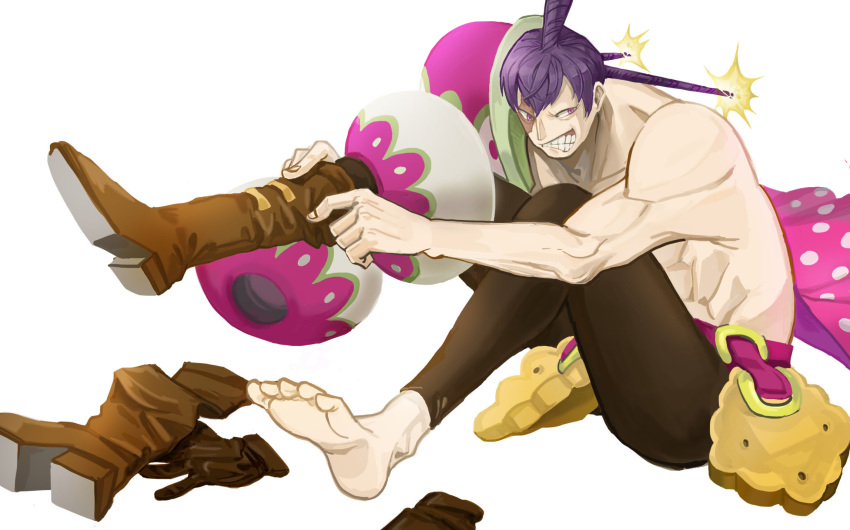 1boy abs barefoot boots character_name charlotte_cracker cracker food gloves gloves_removed hair_bun highres living_(pixiv5031111) male_focus one_piece pink_eyes purple_hair scar shirtless simple_background sitting solo teeth white_background