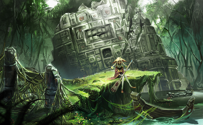 1girl bayashiko boat canoe day flower forest grass hat highres holding long_hair looking_at_viewer nature original outdoors paddle pantyhose red_robe river robe ruins scenery shoes sitting solo water watercraft white_legwear