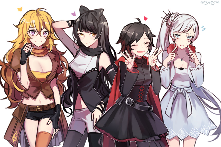 4girls belt black_hair blake_belladonna blonde_hair blue_eyes bow breasts cape cleavage corset cropped_jacket double_v ecru fingerless_gloves gloves hair_bow jewelry long_hair looking_at_viewer multiple_girls navel necklace pantyhose ponytail red_cape redhead ruby_rose rwby scar scar_across_eye side_ponytail simple_background single_thighhigh smile standing thigh-highs v violet_eyes weiss_schnee white_hair yang_xiao_long yellow_eyes