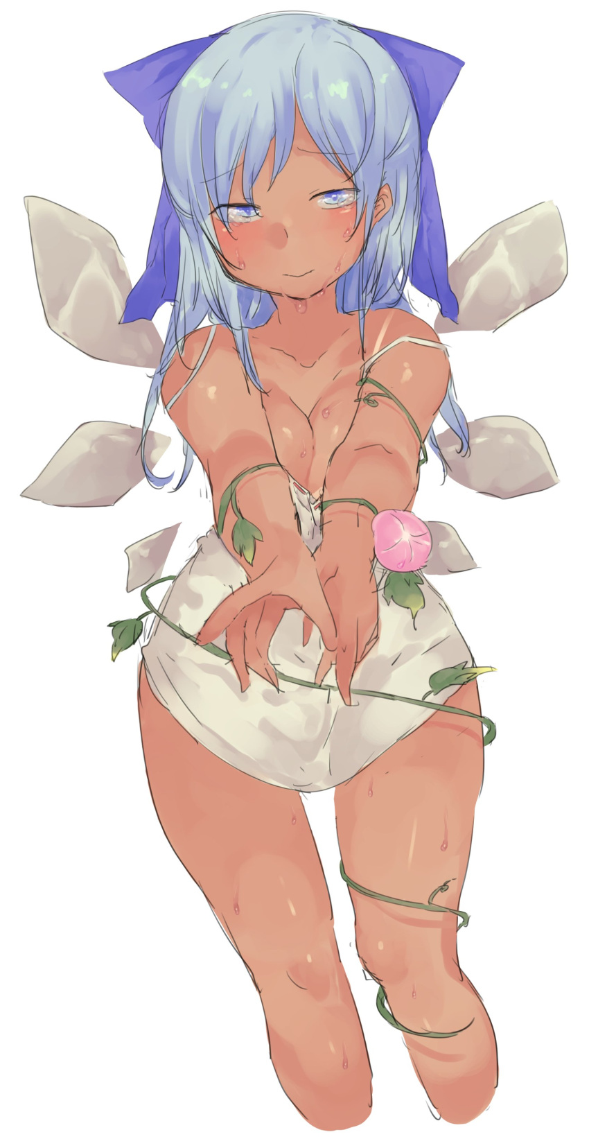 1girl absurdres alternate_hair_length alternate_hairstyle blue_bow blue_eyes blue_hair bow breasts cirno collarbone cropped_legs dress flower foreshortening hair_bow highres ice ice_wings long_hair looking_at_viewer medium_breasts morning_glory pushun_(muteki) short_dress simple_background sketch solo strap_slip tan tanned_cirno touhou wet white_background white_dress wings