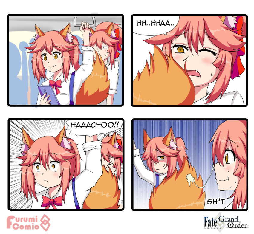 &gt;:( &gt;_&lt; 2girls 4koma anger_vein animal_ears cellphone comic dual_persona fang fate/extra fate/extra_ccc fate/grand_order fate_(series) fox_ears fox_tail hair_ribbon highres keita_naruzawa long_hair looking_back multiple_girls open_mouth phone pink_hair ribbon school_uniform smartphone sweat tail tamamo_(fate)_(all) tamamo_cat_(fate) tamamo_jk_(fate) yellow_eyes