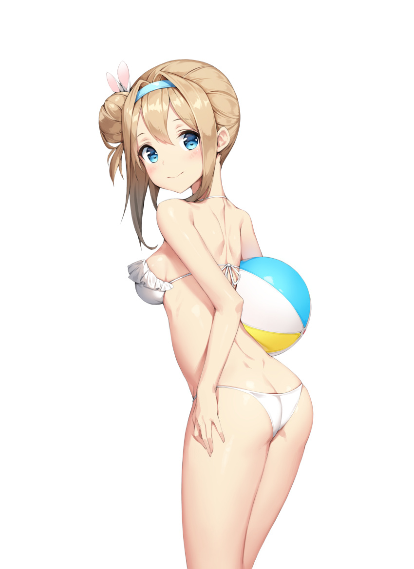 1girl :&gt; absurdres alternate_hairstyle ass ball bare_shoulders beachball bikini blonde_hair blue_eyes blush breasts closed_mouth commentary dimples_of_venus eyebrows_visible_through_hair frilled_bikini frills from_behind from_side girls_frontline hair_between_eyes hair_bun hairband head_tilt highres long_hair looking_at_viewer medium_breasts mokew simple_background solo standing suomi_kp31_(girls_frontline) swimsuit white_background white_bikini