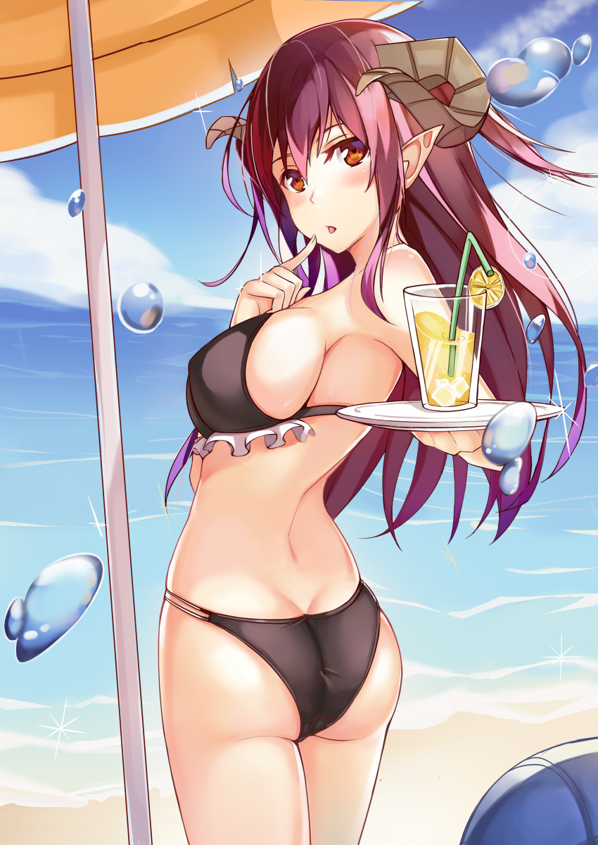 1girl absurdres ass bikini black_bikini breasts brown_hair cup demon_girl demon_horns drinking_glass drinking_straw finger_to_mouth highres horns large_breasts long_hair looking_back muren_k1ht ocean original pointy_ears solo swimsuit tray umbrella water