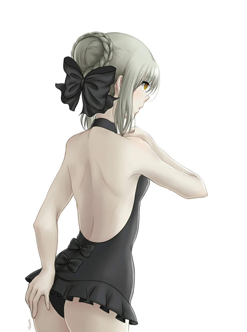 1girl artoria_pendragon_(all) ass ass_grab bare_shoulders cowboy_shot fate_(series) from_behind grey_hair hand_on_own_ass highres kotta saber saber_alter swimsuit upper_body white_background yellow_eyes