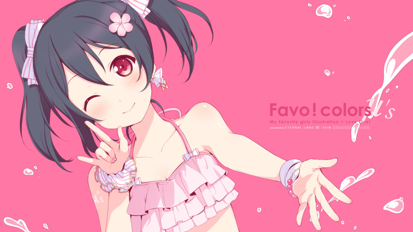 1girl 6u_(eternal_land) \m/ bikini black_hair blush breasts halterneck highres looking_at_viewer love_live! love_live!_school_idol_project one_eye_closed red_eyes short_hair simple_background small_breasts smile solo splashing swimsuit text twintails wallpaper yazawa_nico