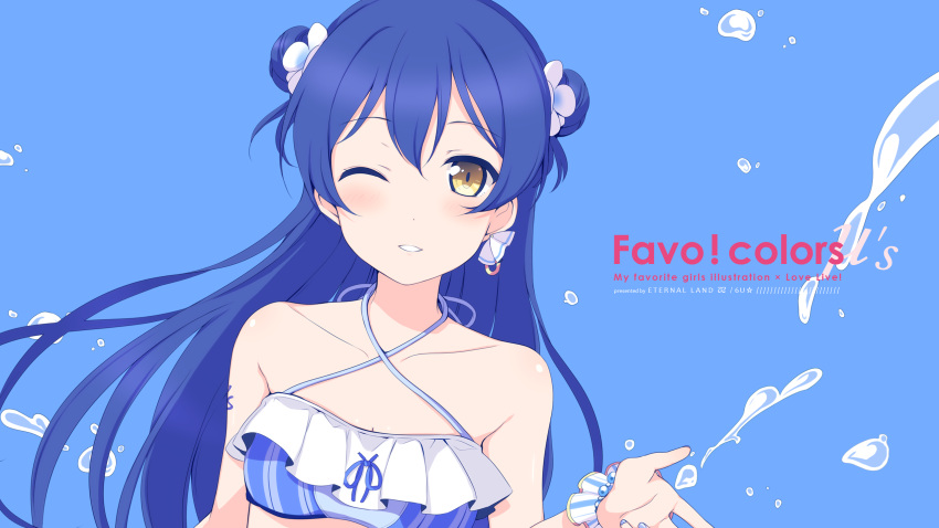 1girl 6u_(eternal_land) bikini blue_hair blush breasts grin halterneck highres long_hair looking_at_viewer love_live! love_live!_school_idol_project one_eye_closed simple_background small_breasts smile solo sonoda_umi splashing swimsuit text wallpaper yellow_eyes