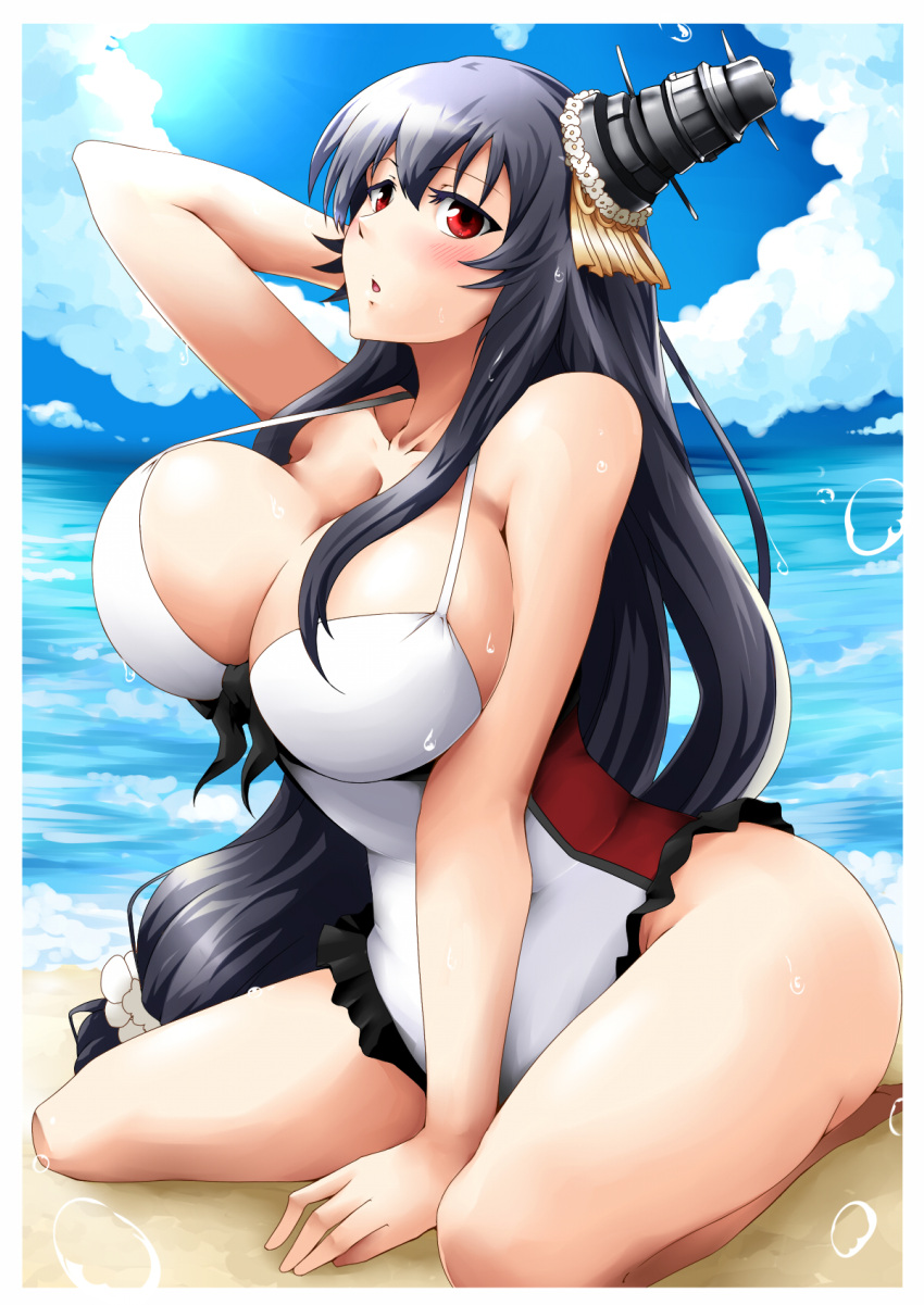 1girl beach black_hair blue_sky blush breasts casual_one-piece_swimsuit cleavage clouds fusou_(kantai_collection) hair_ornament highres kantai_collection large_breasts long_hair looking_at_viewer mice_(sake_nomitai) one-piece_swimsuit red_eyes sand sitting sky solo sunlight swimsuit wariza water