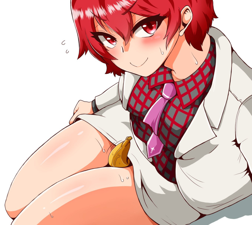 1girl banana bangs between_legs blush breasts closed_mouth collared_shirt eyebrows_visible_through_hair flying_sweatdrops food fruit hair_between_eyes highres himajin_no_izu horikawa_raiko jacket long_sleeves looking_at_viewer medium_breasts necktie open_clothes open_jacket pink_necktie plaid plaid_shirt red_eyes redhead sexually_suggestive shirt short_hair simple_background skirt smile solo sweat touhou white_background white_jacket white_skirt