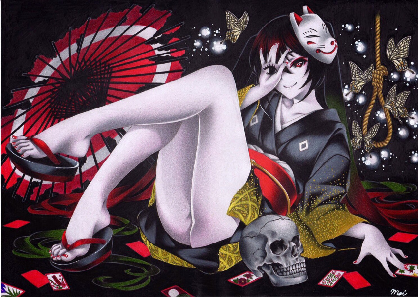 1girl bangs black_hair butterfly collarbone colored_pencil_(medium) feet fox_mask full_body hatsune_miku inuono_mama japanese_clothes kimono long_hair looking_at_viewer mask musunde_hiraite_rasetsu_to_mukuro_(vocaloid) nail_polish noose red_nails rope sandals sitting skull smile solo toes traditional_media twintails umbrella vocaloid