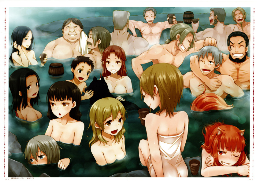 6+boys 6+girls :d ;d absurdres animal_ears ayakura_juu beard black_hat breasts brown_eyes brown_hair cleavage closed_eyes copyright_name craft_lawrence dark_skin enekk facial_hair grin hand_in_hair hat highres holding holo long_hair medium_breasts mixed_bathing multiple_boys multiple_girls naked_towel nora_arento novel_illustration official_art one_eye_closed onsen open_mouth orange_hair small_breasts smile spice_and_wolf sweat tail topless towel wolf_ears wolf_tail