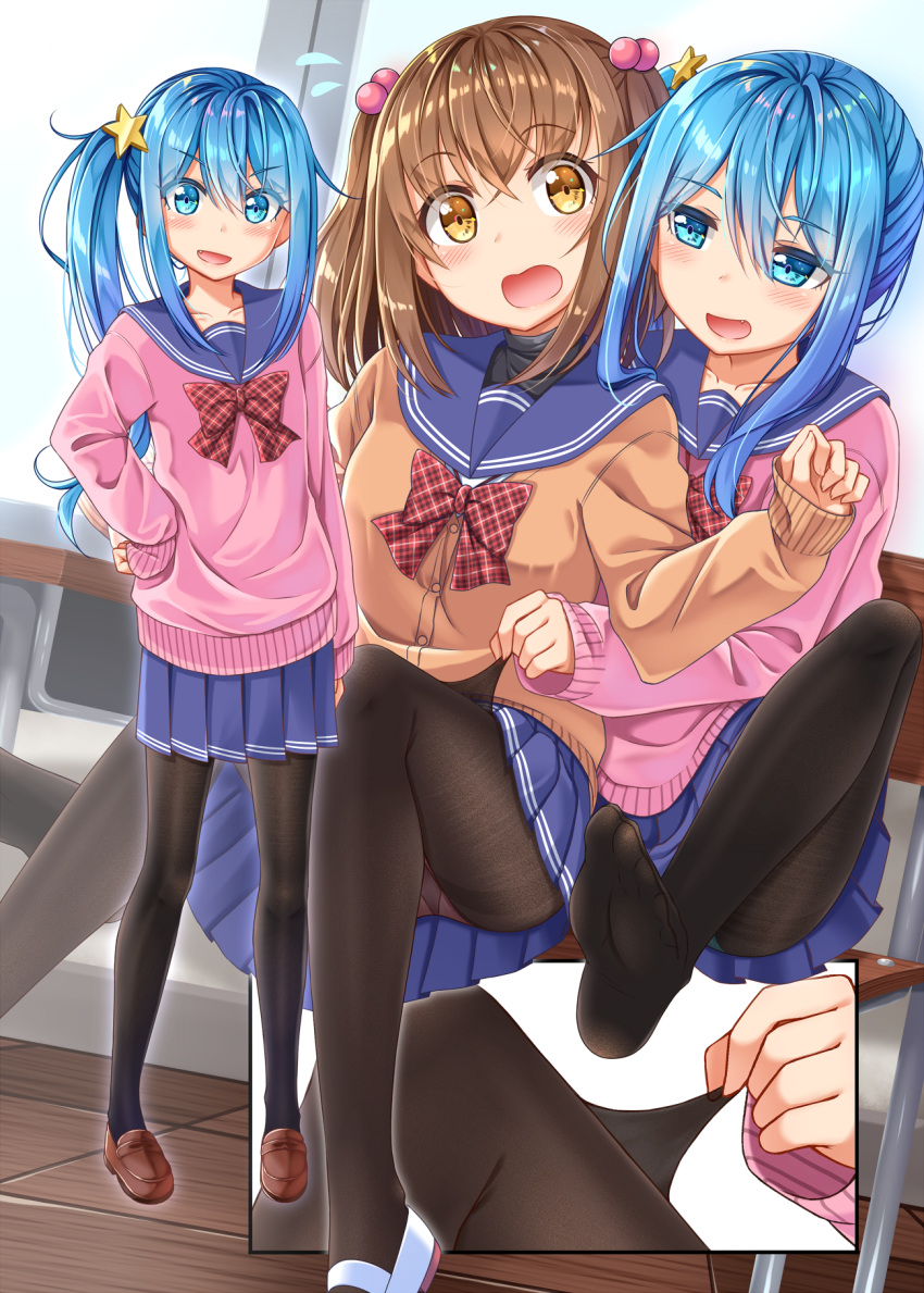 2girls aqua_eyes aqua_hair ashida_machi bangs beads black_legwear blue_skirt blush brown_hair brown_shoes brown_sweater checkered_bowtie comic commentary_request desk eyebrows_visible_through_hair eyes_visible_through_hair fang flying_sweatdrops gurande_(g-size) hair_beads hair_between_eyes hair_ornament highres long_sleeves looking_at_another multiple_girls no_shoes open_mouth original panties panties_under_pantyhose pantyhose pink_panties pink_sweater pleated_skirt sailor_collar school_uniform shoes sidelocks sitting skirt sleeves_past_wrists smile soles standing star star_hair_ornament sweater underwear window wooden_floor yellow_eyes