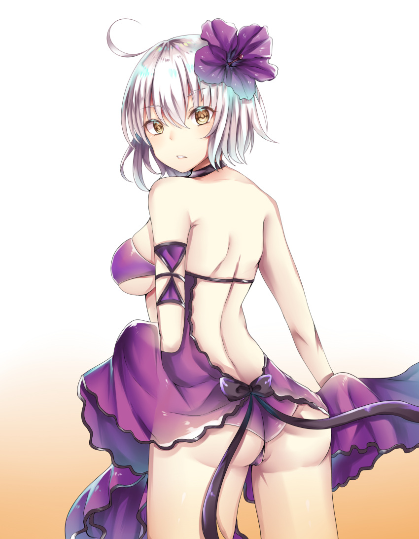 1girl ahoge ass black_bow black_ribbon bow breasts brown_eyes eyebrows_visible_through_hair fate/grand_order fate_(series) flower furumiya_neko hair_flower hair_ornament highres jeanne_alter large_breasts looking_at_viewer parted_lips ribbon ruler_(fate/apocrypha) short_hair solo teeth under_boob white_hair