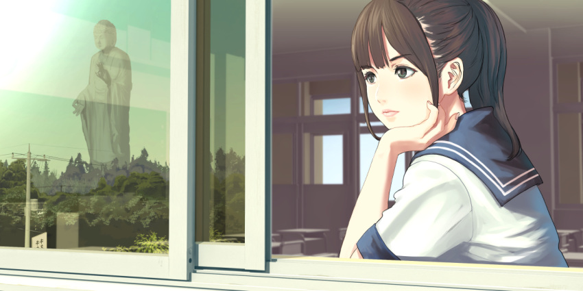 1girl bangs blunt_bangs brown_eyes brown_hair chin_rest classroom closed_mouth commentary_request day eyebrows_visible_through_hair fingernails forest from_side looking_afar medium_hair munakata_(hisahige) nature open_window original ponytail power_lines reflection sailor_collar school_uniform serafuku short_sleeves sidelocks sitting solo statue telephone_pole