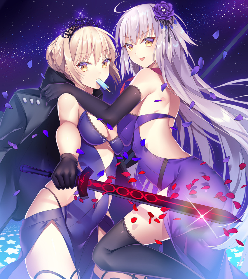 2girls :p absurdres ahoge artoria_pendragon_(swimsuit_rider_alter)_(fate) back bangs bare_back black_legwear blonde_hair blue_dress braid breasts closed_mouth dark_excalibur dress eyebrows_visible_through_hair fate/grand_order fate_(series) food food_in_mouth french_braid glint hair_between_eyes hair_bun hair_ornament highres holding holding_sword holding_weapon jacket_on_shoulders jeanne_alter large_breasts long_hair looking_at_viewer looking_back may_(2747513627) medium_breasts mouth_hold multiple_girls open-back_dress petals popsicle purple_dress purple_flower ruler_(fate/apocrypha) silver_hair sky smile star_(sky) starry_sky sword thigh-highs thighs tongue tongue_out tsurime very_long_hair weapon yellow_eyes