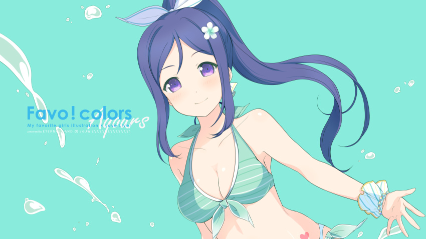 1girl 6u_(eternal_land) bikini blue_hair blush breasts halterneck heart highres large_breasts long_hair looking_at_viewer love_live! love_live!_sunshine!! matsuura_kanan ponytail simple_background smile solo splashing swimsuit text violet_eyes wallpaper