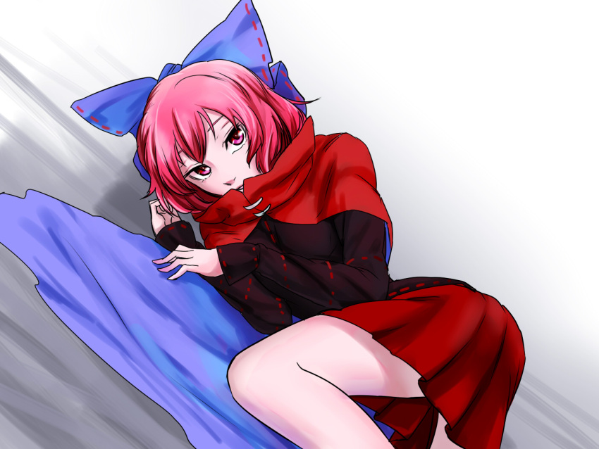 1girl blue_bow blue_cape bow cape dutch_angle hair_bow high_collar long_sleeves looking_at_viewer lying on_side pink_eyes red_skirt redhead sekibanki skirt solo tenamaru touhou