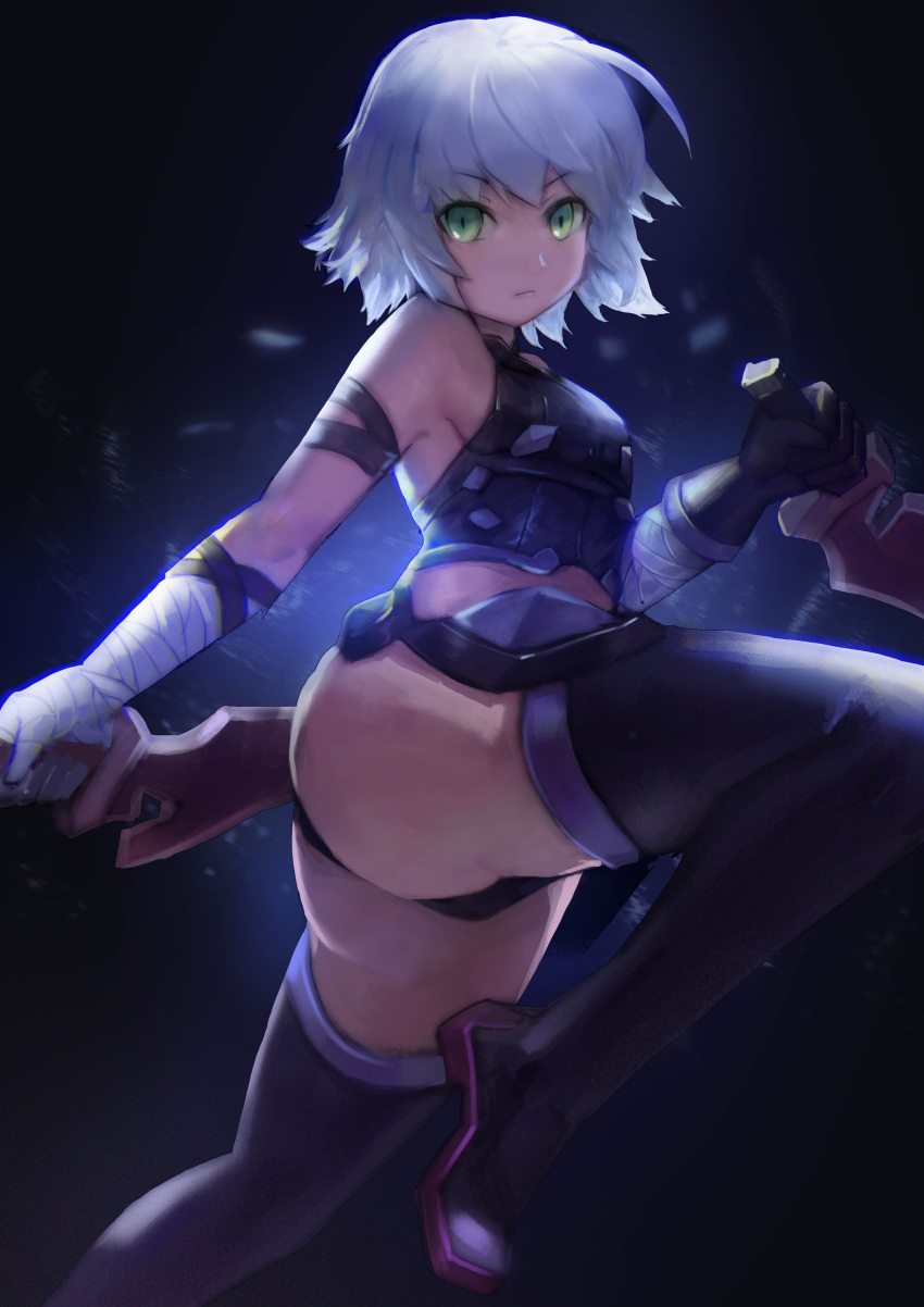 1girl absurdres arm_belt ass assassin_of_black backlighting bandage bandaged_arm bangs bare_shoulders black_background black_boots black_gloves black_panties black_shirt boots breasts brown_belt closed_mouth dual_wielding expressionless eyebrows_visible_through_hair fate/apocrypha fate_(series) gloves green_eyes halter_top halterneck highres holding holding_knife holding_weapon knife looking_at_viewer luobo_carrot no_scar one_leg_raised panties reverse_grip shirt short_hair sideboob silver_hair single_glove sleeveless sleeveless_shirt small_breasts solo standing standing_on_one_leg thigh-highs thigh_boots underwear weapon