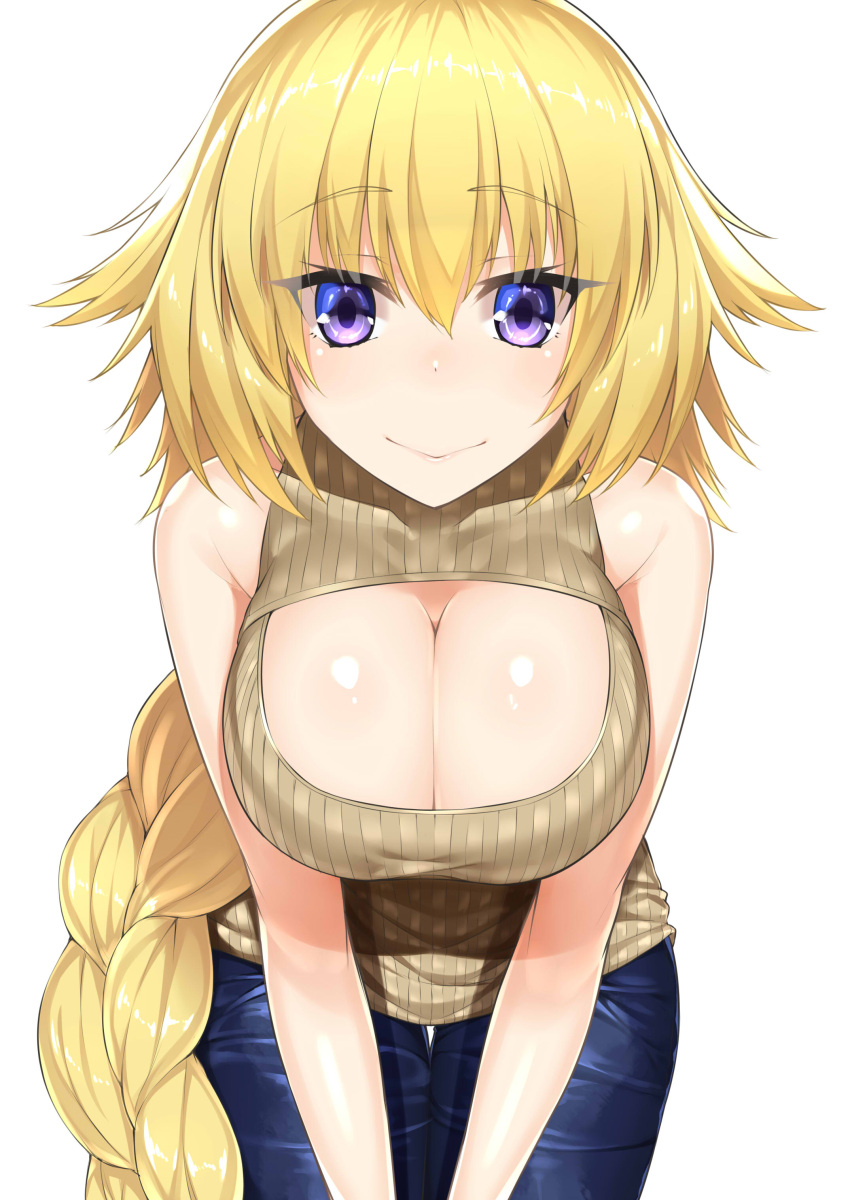 1girl absurdres blonde_hair blush braid breasts cleavage fate/apocrypha fate/grand_order fate_(series) highres large_breasts long_hair looking_at_viewer ruler_(fate/apocrypha) simple_background single_braid smile solo very_long_hair wa_to_su white_background yellow_eyes