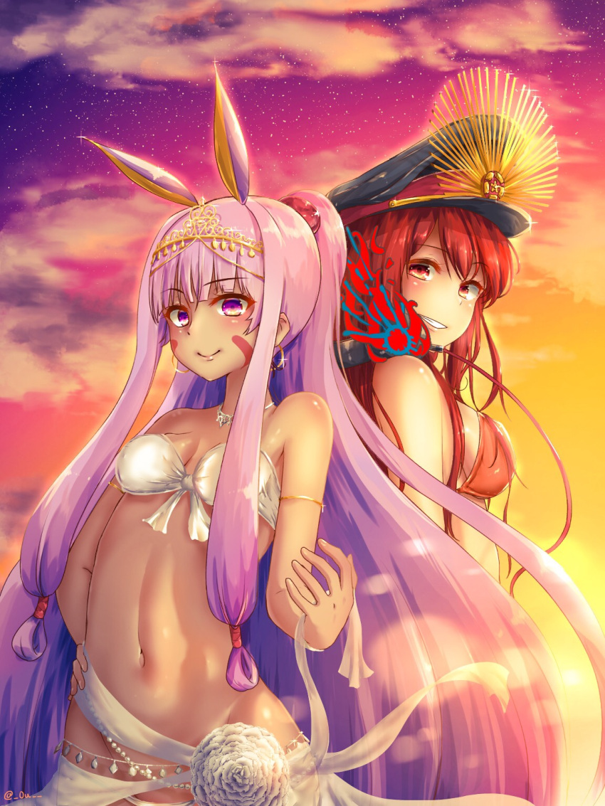 2girls animal_ears back-to-back bikini breasts clouds duo earrings family_crest fate/grand_order fate_(series) hand_on_hip hat highres jewelry long_hair medium_breasts multiple_girls navel nitocris_(fate/grand_order) nitocris_(swimsuit_assassin)_(fate) oda_nobunaga_(fate) oda_nobunaga_(swimsuit_berserker)_(fate) oda_uri peaked_cap ponytail purple_hair raayu_(0u_rayu) red_eyes redhead sarong shiny shiny_skin sideboob sky smile standing sunset swimsuit tiara violet_eyes white_bikini