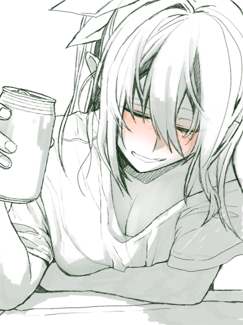 1girl alternate_costume beer_can blush breasts can cleavage closed_eyes elbow_rest eyebrows_visible_through_hair hair_between_eyes hair_ribbon highres holding holding_can kantai_collection long_hair multiple_monochrome off_shoulder open_mouth ribbon shirt short_sleeves smile solo t-shirt table tone_(kantai_collection) twintails upper_body yami_(m31)