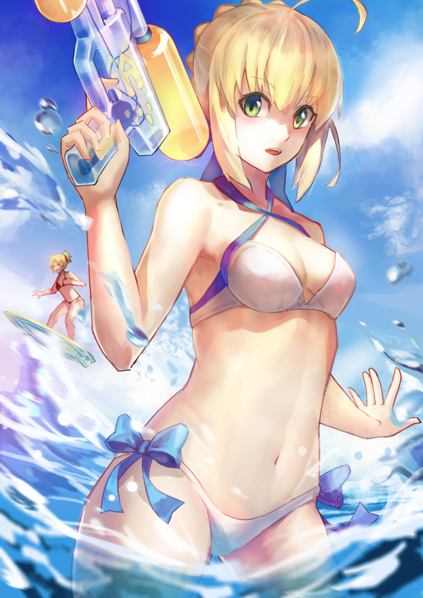 2girls :d :o absurdres ahoge artoria_pendragon_(all) artoria_pendragon_(swimsuit_archer) bangs bare_arms bare_shoulders bikini blonde_hair blue_ribbon blue_sky breasts cleavage clouds cowboy_shot day eyebrows_visible_through_hair fate/grand_order fate_(series) finger_on_trigger green_eyes hair_between_eyes hair_ribbon hair_tie halter_top halterneck highres holding looking_at_viewer looking_away luobo_carrot multiple_girls navel ocean open_mouth outdoors ponytail red_bikini ribbon saber saber_of_red short_hair short_ponytail side-tie_bikini sidelocks sky small_breasts smile stomach surfboard surfing swimsuit wading water_drop water_gun white_bikini