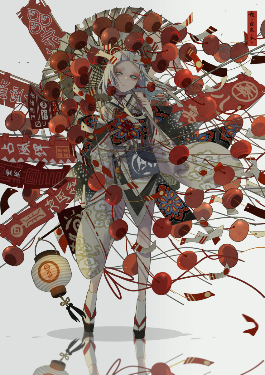 1girl absurdres blue_eyes earrings eyebrows flag full_body highres japanese_clothes jewelry lantern looking_at_viewer nanahara_shie original over_shoulder paper_lantern parasol reflection sandals socks solo standing umbrella white_hair white_legwear wind_chime