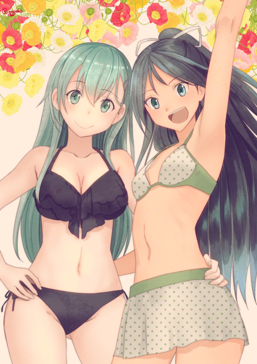 :d aqua_eyes aqua_hair arm_up armpits bikini bikini_skirt black_bikini black_hair blue_eyes breasts cleavage closed_mouth collarbone contrapposto cowboy_shot flower gluteal_fold hair_ornament hair_ribbon hairclip hand_on_another's_hip hand_on_hip highres kantai_collection katsuragi_(kantai_collection) large_breasts long_hair looking_at_viewer masukuza_j navel one_side_up open_mouth polka_dot polka_dot_bikini ribbon side-tie_bikini small_breasts smile suzuya_(kantai_collection) swimsuit