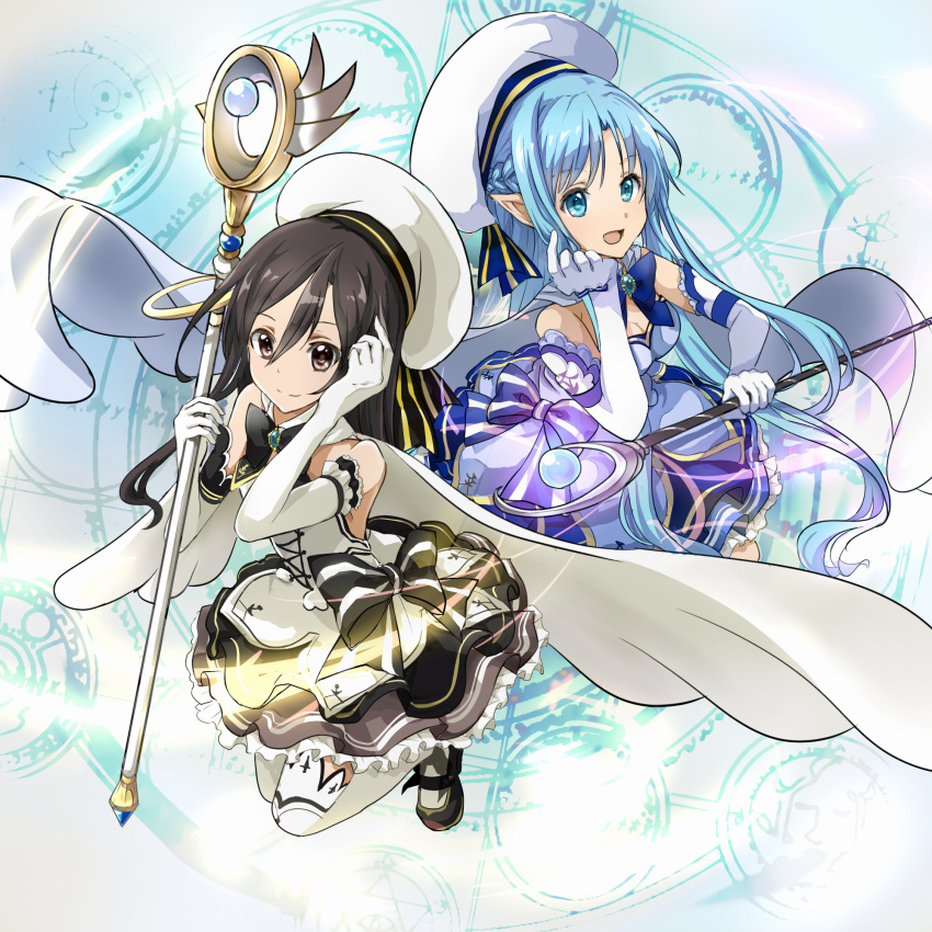 1boy 1girl :d androgynous asuna_(sao-alo) black_bow black_bowtie black_eyes black_hair blue_bow blue_bowtie blue_dress blue_hair bow bowtie breasts cleavage crossdressinging dress elbow_gloves eyebrows_visible_through_hair floating_hair frilled_dress frills gloves hair_between_eyes hand_in_hair hat highres holding holding_staff kirito_(sao-ggo) long_hair looking_at_viewer medium_breasts open_mouth pointy_ears sau_(bluepoper) sleeveless sleeveless_dress smile staff strapless strapless_dress sword_art_online thigh-highs trap very_long_hair white_gloves white_hat white_legwear