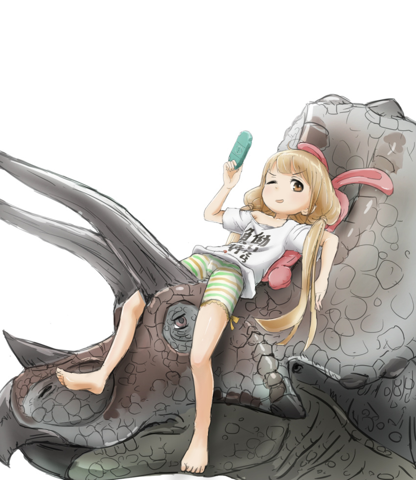 &gt;:d 1girl :d bare_arms bare_legs barefoot blonde_hair brown_eyes dinosaur dot_nose flat_chest futaba_anzu handheld_game_console highres holding horns idolmaster idolmaster_cinderella_girls kamemaru looking_at_viewer low_twintails lying off_shoulder on_animal on_back one_eye_closed open_mouth parted_lips pillow playstation_portable shirt short_sleeves shorts simple_background sketch smile striped striped_shorts triceratops twintails white_background white_shirt