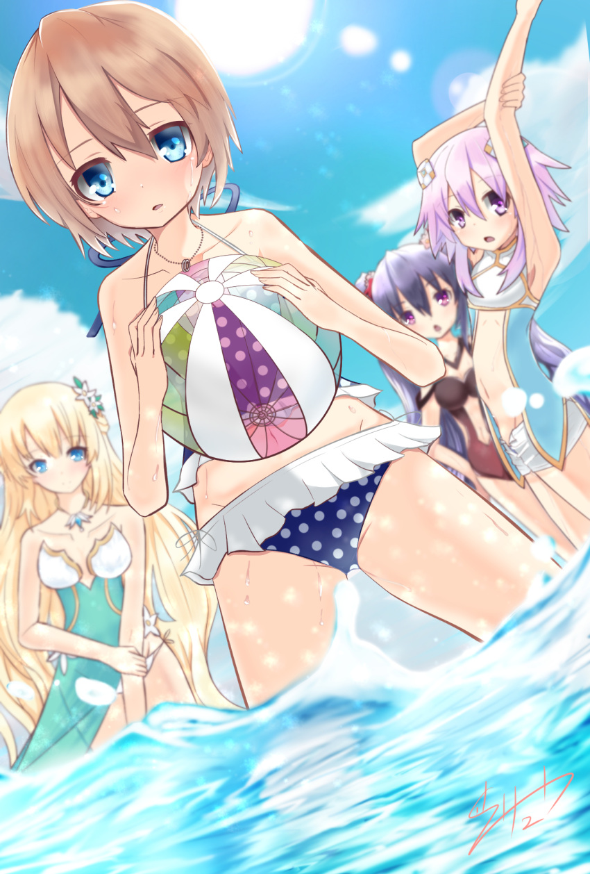 ball bare_shoulders beachball bikini black_hair blanc blonde_hair blue_eyes breasts brown_hair clouds day hair_ornament highres long_hair looking_at_viewer multiple_girls navel neptune_(choujigen_game_neptune) neptune_(series) noire ocean one-piece_swimsuit open_mouth outdoors purple_hair red_eyes ribbon ryuu_(pikagomi) short_hair sky swimsuit twintails vert violet_eyes water