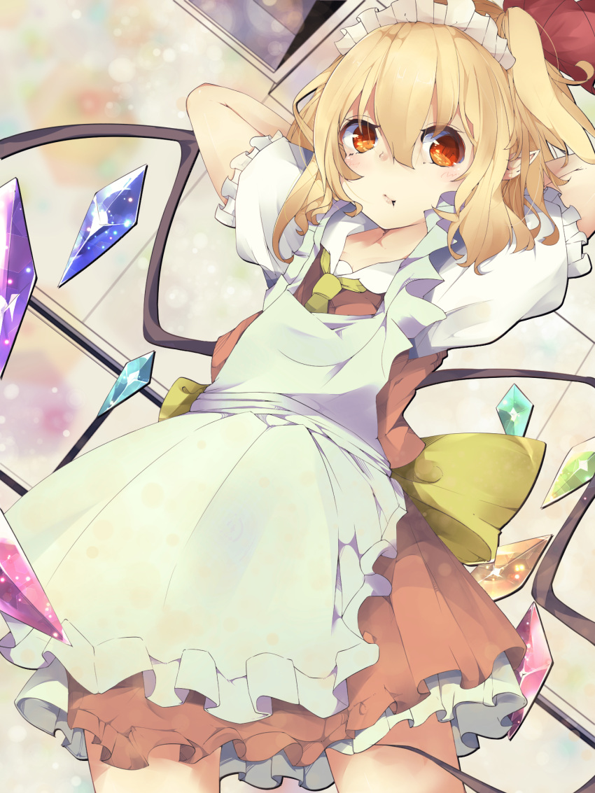 1girl apron arms_behind_head blonde_hair crystal flandre_scarlet frills headwear highres looking_to_the_side mimizuku_(mmiganaru) miniskirt pout puffy_short_sleeves puffy_sleeves red_eyes ribbon short_sleeves skirt solo touhou wings