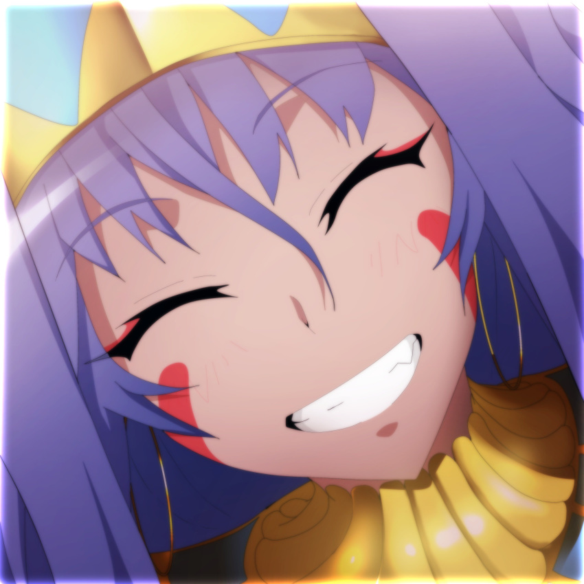 1girl ^_^ absurdres bangs blush closed_eyes dark_skin earrings egyptian facial_mark fate/grand_order fate_(series) grin hair_between_eyes hairband highres hoop_earrings jewelry long_hair looking_at_viewer neck_ring nitocris_(fate/grand_order) portrait purple_hair smile solo wadakazu