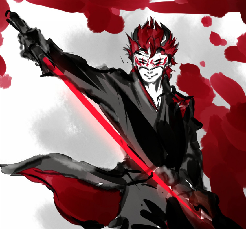1boy adam_taurus blood blood_splatter highres horns iesupa mask red_sword redhead rwby solo