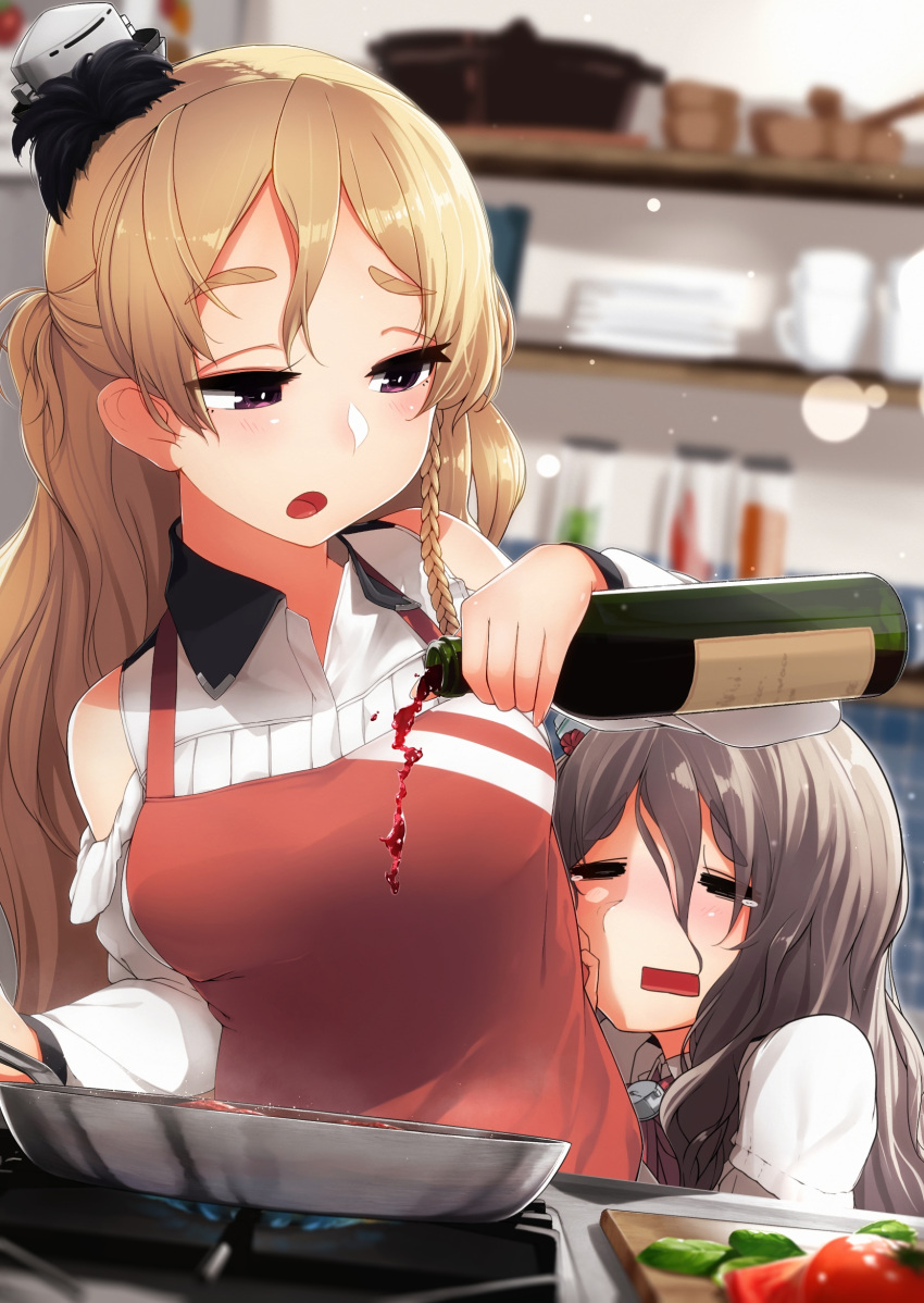 2girls alcohol apron bare_shoulders blonde_hair bottle braid brown_eyes cooking drunk food frying_pan grey_hair hat highres indoors kantai_collection long_hair mini_hat multiple_girls open_mouth pola_(kantai_collection) pouring square_mouth suginoji tears thick_eyebrows tomato vegetable wavy_hair wine wine_bottle zara_(kantai_collection)